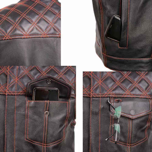 Vista 9 de Milwaukee Leather MLM3526 Men's Black 'Paisley' Accented Red Stitching Leather Vest – w/Armhole Trim Open Collar Design