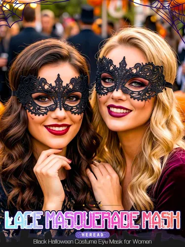 Vista 2 de HEREAD Máscara de encaje negra para disfraz de Halloween, máscara de ojos para mujer