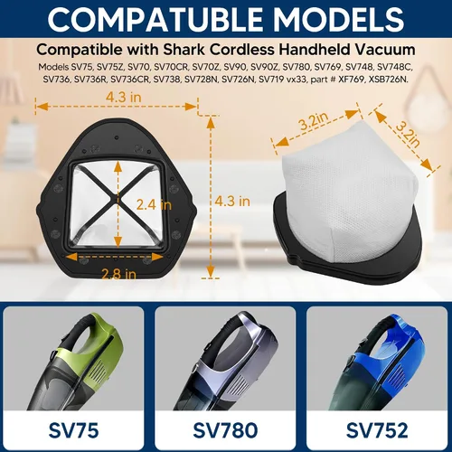 Vista 2 de Paquete de 6 filtros de repuesto para aspiradora de mano inalámbrica Shark SV780 SV75Z SV728N SV726N, en comparación con el número de pieza XF769