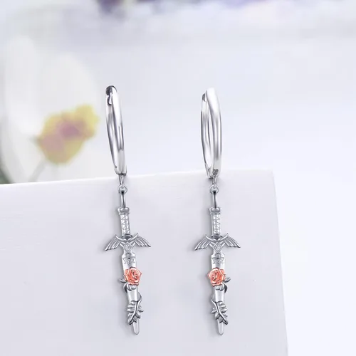 Vista 2 de Pendientes de aro de espada de plata de ley 925 con contenedor/corazón de espada/joyería de pizarra de Sheikah
