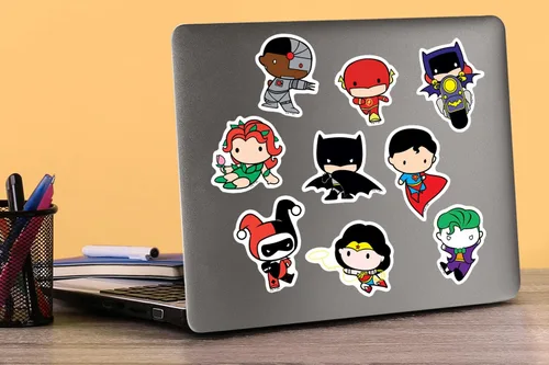 Vista 5 de Paquete variado de calcomanías de vinilo de lujo de 50 unidades de Justice League Chibi Superhero - Calcomanías troqueladas para laptop, botella