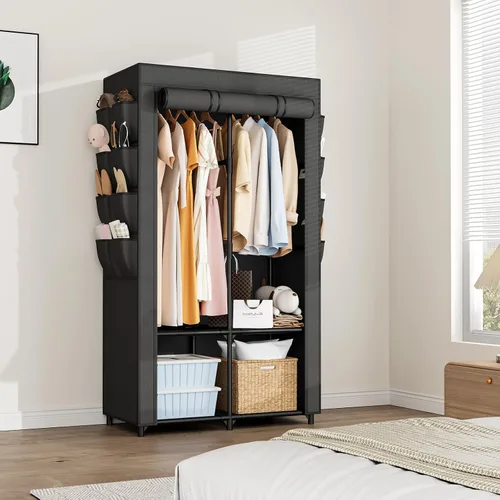 Vista 8 de Armario portátil para colgar ropa, armario portátil con tapa, 4 estantes de almacenamiento, 2 varillas para colgar y 8 bolsillos laterales, fácil