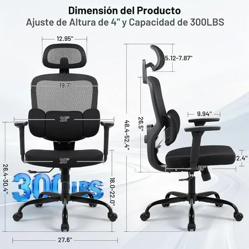 Vista 2 de Silla ergonómica de escritorio de oficina, silla de computadora de malla transpirable con respaldo alto, soporte lumbar 3D, reposacabezas 2D
