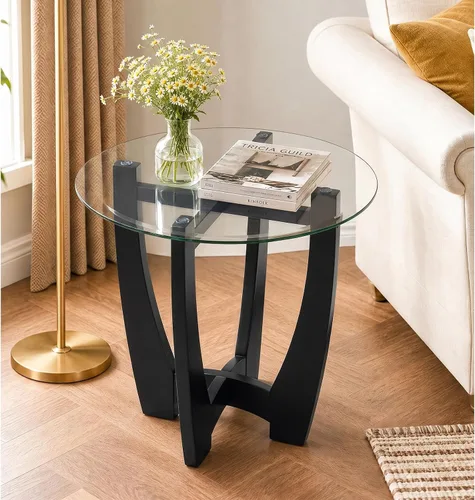 Vista 13 de Mesa de centro ovalada de vidrio de 48 pulgadas con cruz de vidrio templado y base de madera maciza, mesa central simple y moderna para sala