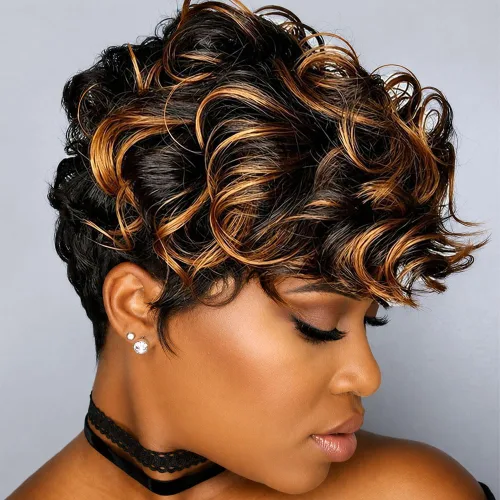 Vista 14 de MOONSHOW - Pelucas cortas de corte Pixie para mujeres negras, peluca de corte Pixie marrón Short Pixie Wigs for Black Women Natural Layered Short