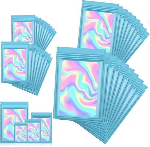 Vista 13 de 120 bolsas de tereftalato de polietileno a prueba de olores, bolsa de embalaje holográfica resellable con ventana transparente para alimentos