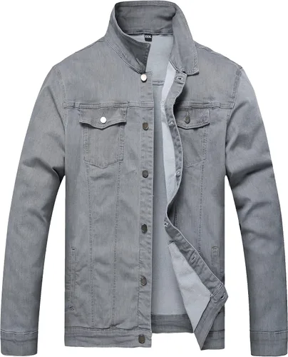 Vista 21 de LAMKUKU Chaqueta de mezclilla para hombre rasgada ajustada, abrigo de chaqueta vaquera para hombres