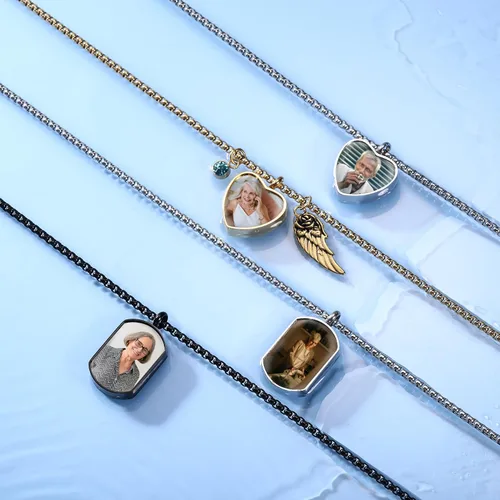 Vista 5 de MeMeDIY Collar de urna con colgante personalizado, grabado de fotonombre para hombres y mujeres con piedra natal, ala de ángel, soporte