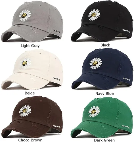 Vista 9 de Flipper Gorra de béisbol con diseño de margaritas de algodón lavado sin estructura, diseño de cara sonriente
