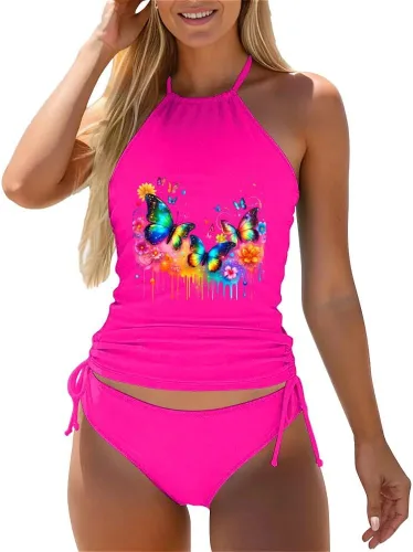 Vista 32 de Omichic Trajes de baño tankini para mujer, de dos piezas, blusa tipo tankini modesta con parte inferior de bikini Negro
