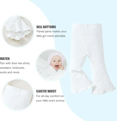 Vista 3 de SOBOWO Pantalones acampanados para bebé, paquete de 3 unidades para niña pequeña, color liso, acanalado, con volantes, pantalones acampanados
