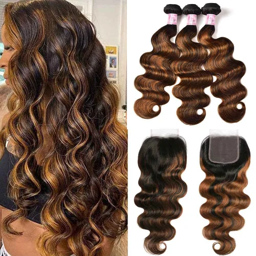 Vista 2 de Beauty Forever #FB30 - 3 paquetes de cabello humano brasileño ondulado con cierre de encaje de 4 x 4, balayage, rubio degradado, extensiones