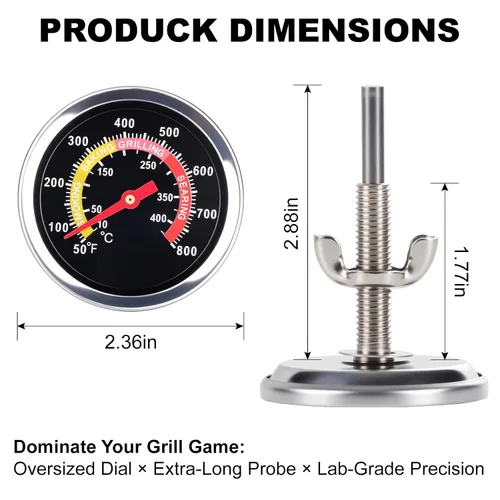 Vista 6 de Termómetro para BBQ de 2-3/8 pulgadas, esfera sobredimensionada, termómetro de ahumador de 50-800 °F, resistente a la intemperie con números