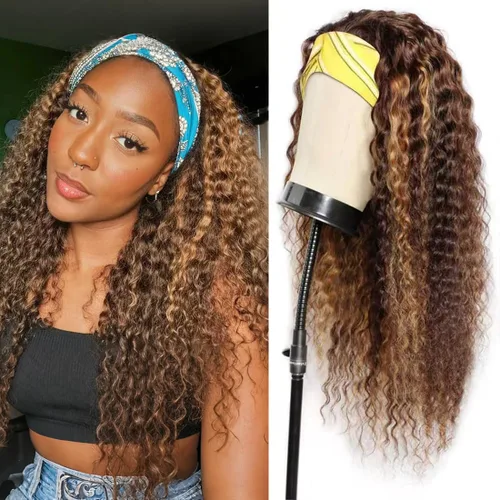 Vista 26 de Peluca con Diadema de Cabello Virgen Rubio Degradado con Ondas Profundas, Pelucas de Cabello Virgen de 8 Pulgadas, Sin Encaje Frontal para Mujeres