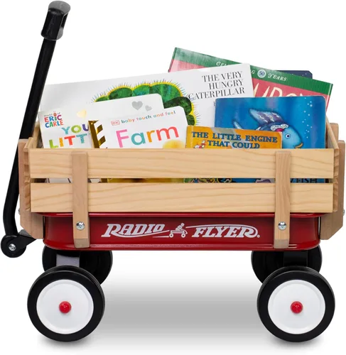 Vista 5 de Radio Flyer Mini vagón de acero y madera para niños, vagón de juguete de 19 pulgadas para niños de 1.5 años en adelante, versión de tamaño de juego