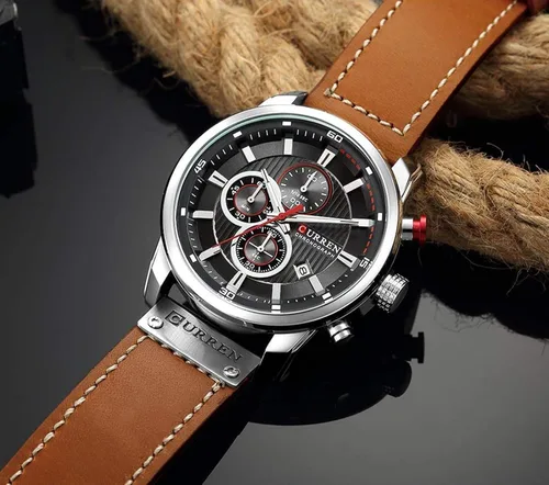 Vista 3 de Reloj deportivo con cronógrafo para hombre, correa de cuero marrón, reloj de cuarzo, reloj de pulsera casual para hombre, Completo negroacero.