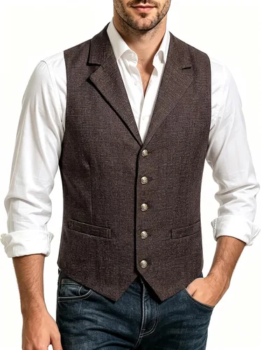 Vista 2 de Hi-Tie Chaleco de lana con solapa de muesca para hombre, chaleco individual marrón (C Brown)