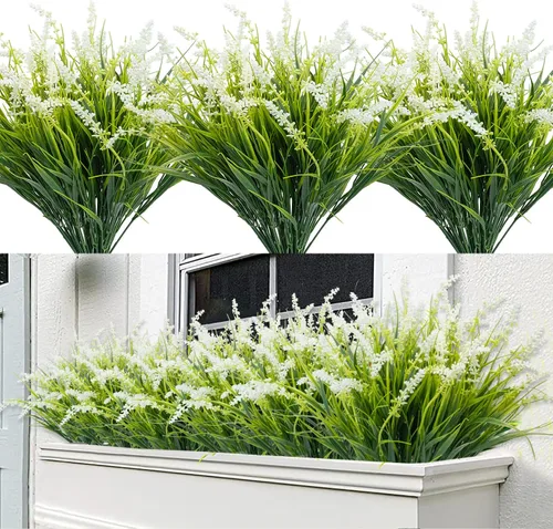 Vista 8 de 8 piezas de plantas falsas para exteriores, resistentes a los rayos UV, plantas de césped alto artificiales, flores tropicales, arbustos, decoración