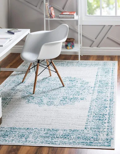 Vista 3 de Unique Loom Aarhus Collection - Alfombra vintage con borde AAR003, 3 x 5 pies, crema/verde azulado