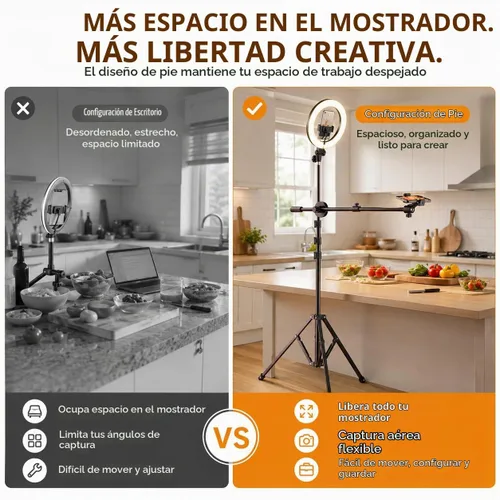 Vista 4 de Soporte de luz para trípode mejorado con 2 brazos telescópicos, trípode de luz de anillo de 67 pulgadas para iPhone y Android, soporte de teléfono