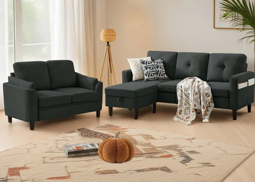 Vista 22 de Sofá modular para sala de estar, sofá en forma de L, sofás seccionales convertibles de 3 asientos con otomana de almacenamiento extraíble, tela