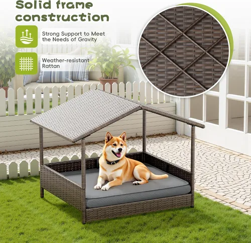Vista 3 de WARCAT Casa de mimbre para perros, cama elevada para interiores y exteriores, para perros pequeños y medianos, con cojín extraíble, funda lavable