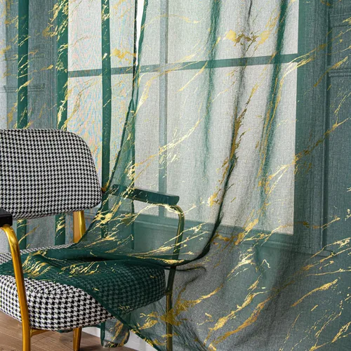 Vista 12 de Cortinas Transparentes Beige con Estampado de Lámina de Mármol Dorado de 63 Pulgadas de Largo para Cuarto de Bebé, Paneles de Ventana con Bolsillo