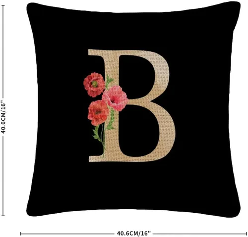 Vista 2 de Funda de cojín decorativa con monograma floral de mármol amarillo, letra B, funda de almohada decorativa de lino y algodón, funda de almohada lumbar