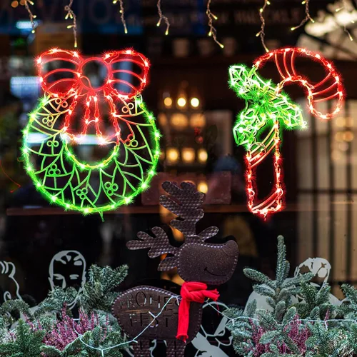 Vista 2 de Decoraciones navideñas iluminadas para ventanas, paquete de 2 luces de silueta de ventana de Navidad enchufables para Navidad, fiesta, hogar, patio