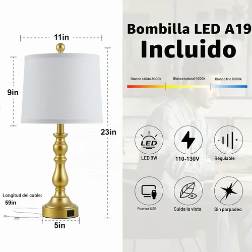 Vista 7 de Juego de 2 lámparas de mesa doradas, lámparas doradas
