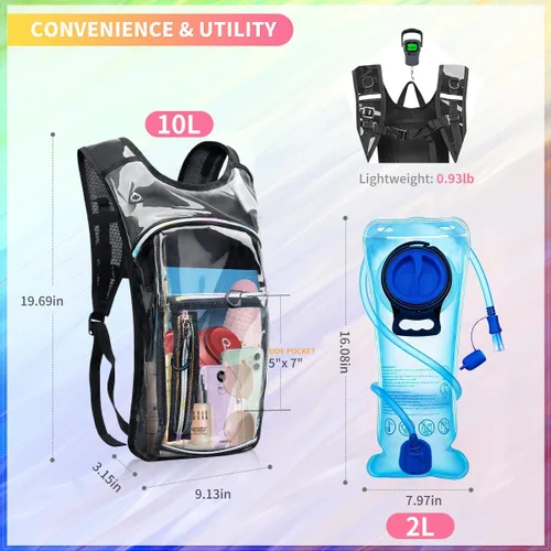 Vista 2 de Mochila de hidratación, mochila de agua con cámara de 2L, mochila de hidratación para raves, esencial para festivales, senderismo, ciclismo