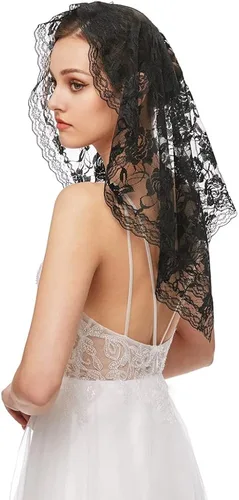 Vista 2 de Negro Mantilla velo de encaje blanco velos de iglesia capilla católica bufanda cubierta de cabeza para la masa latina