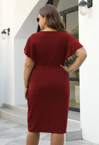 Vista 6 de Nemidor NEM389 - Vestido cruzado de imitación fruncido para mujer, talla grande, manga con volantes, vestido de trabajo casual para fiesta