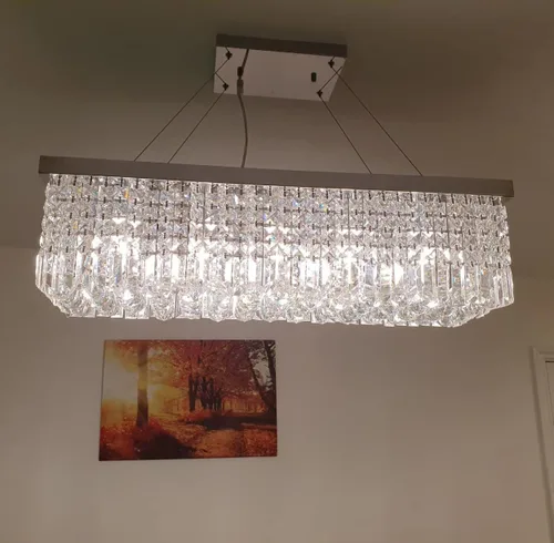 Vista 3 de Dst Lámpara de araña moderna de cristal, elegante lámpara de techo rectangular de lujo, lámpara colgante cromada de montaje empotrado para comedor