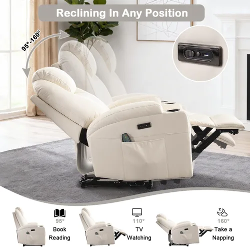 Vista 4 de Silla reclinable eléctrica con calor y masaje para adultos, asiento reclinable eléctrico de cine en casa con luces LED, portavasos, bolsillo