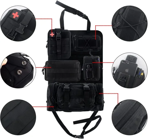 Vista 6 de Z8 Bolsa táctica de almacenamiento para respaldo del asiento delantero, organizador con 5 bolsas, universal para todos los vehículos