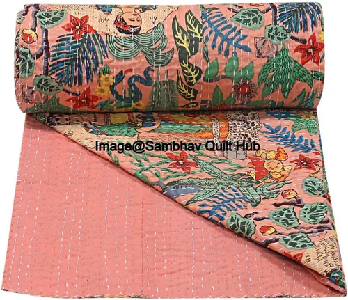Vista 3 de Frida Kahlo - Manta acolchada de algodón estampada hecha a mano india, colcha Kantha Work bohemia para decoración de cama, manta