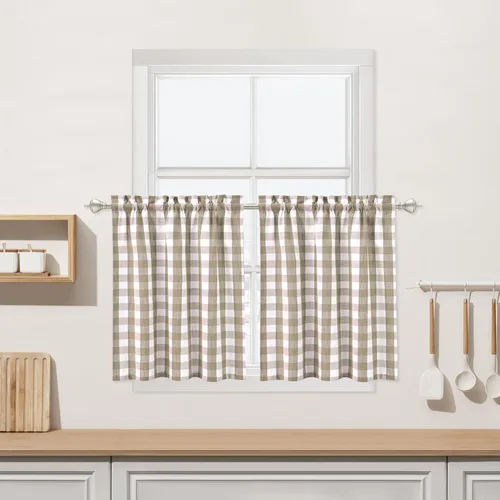 Vista 12 de Cortinas de Cocina Estilo Granja de Cuadros Vichy Blanco y Negro de 24 Pulgadas de Largo, Cortinas de Café de Media Ventana de Cuadros Buffalo
