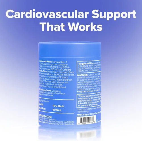 Vista 6 de O Positiv MENO Cápsulas de apoyo para el corazón y la presión arterial, apoyo diario para una circulación saludable, control del estrés y presión