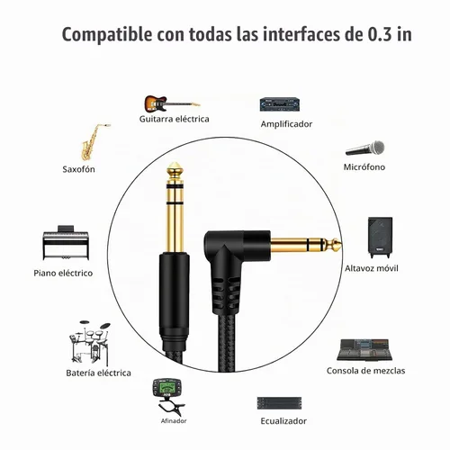 Vista 2 de Cable de instrumento TRS de 1/4 pulgadas de 3 pies, TRS de 0.250 in a 0.250 in TRS Cable de audio estéreo macho a macho de ángulo recto a recto
