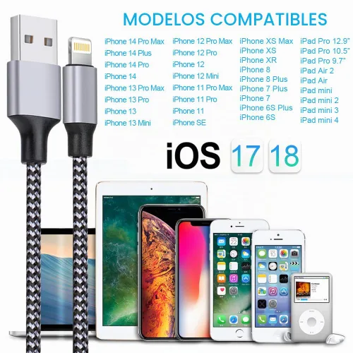Vista 7 de TAKAGI para iPhone Cargador, [Certificado MFi] Cable Lightning 3PACK 6FT Cable de Carga USB Trenzado de Nylon de Alta Velocidad Compatible