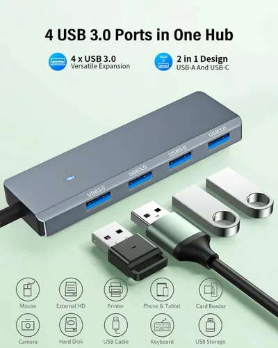 Vista 2 de Hub USB 3.0 4 puertos con USB-A/C, adaptador de aluminio de transferencia de datos de 5Gbps Expansor multipuerto ultradelgado; compatible
