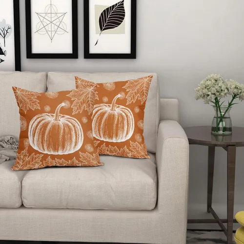 Vista 7 de Juego de 2 fundas de almohada de otoño naranja quemado de 18 x 18 pulgadas, diseño de calabaza blanca y hojas de arce con temática otoñal, almohadas