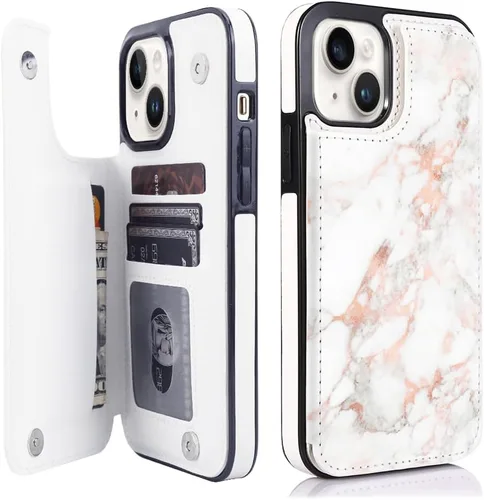 Vista 52 de uCOLOR - Funda tipo cartera para iPhone 15 con tarjetero y diseño de lunares con leche de almendra Bloqueo RFID de piel sintética para mujeres