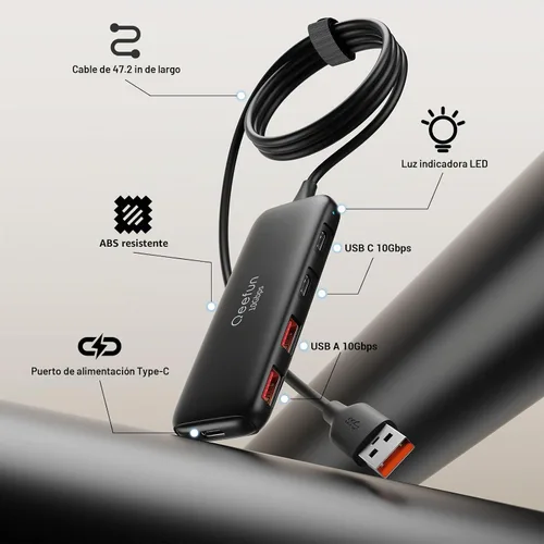 Vista 2 de Qeefun Hub USB 3.2 de 10 Gbps con 2 puertos USB A y 2 puertos de datos USB-C 3.2, divisor USB 3.2 Gen 2, cable largo extendido de 4 pies y puerto