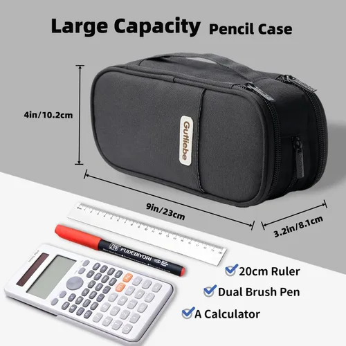 Vista 2 de Estuche grande para lápices, bolsa de gran capacidad con 4 compartimentos, múltiples bolsillos, bolsa de lápices portátil con cremallera Negro