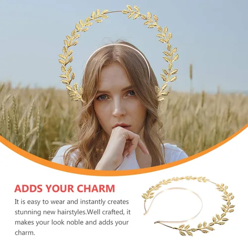 Vista 3 de SOLUSTRE Diadema de estrella con halo de ángel, diadema dorada estilo griego, corona celestial con hojas, doble capa, tiara de diosa, aro