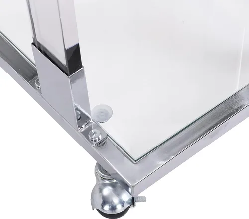 Vista 6 de Mesa auxiliar móvil de vidrio transparente con marco acrílico, moderna mesa auxiliar de sofá en forma de C con ruedas, mesa de aperitivos
