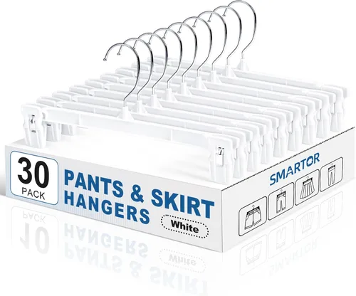 Vista 9 de Perchas para falda Smartor Perchero para pantalones con clips Disponible en paquetes de 10, 30, 60 Ahorro de espacio Duraderas Clips