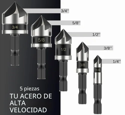 Vista 3 de Juego de brocas avellanadas para metal de 5 piezas – Brocas avellanadas de cobalto M2, 5 flautas de 82 grados, vástago hexagonal de 1/4 de pulgada